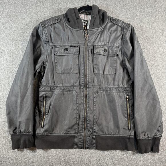 Empyre Jacket Mens Large Black Hooded Zip Bomber Epaulettes Pockets Ribbed Hem - Picture 1 of 11
